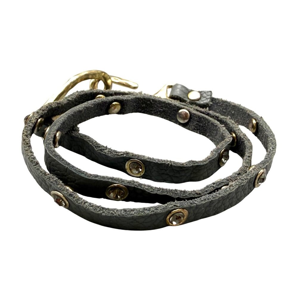 Vintage Double Wrap Bracelet Gray Leather Rhinestone Punk Gold Tone 21 inches